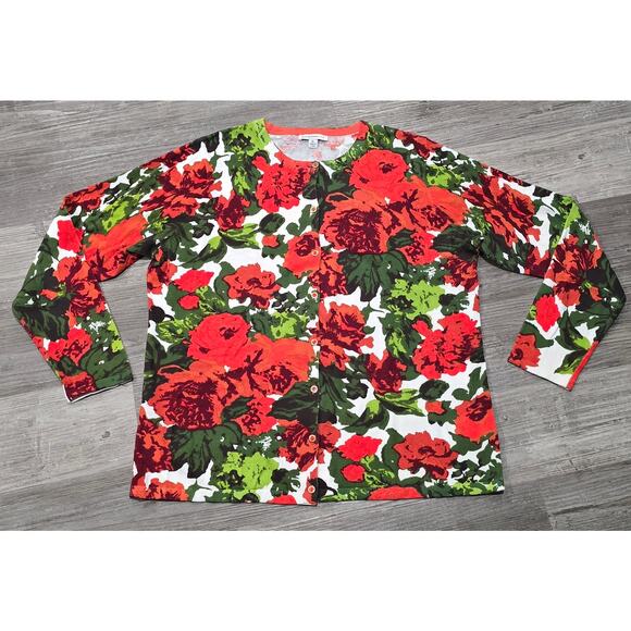 Isaac Mizrahi Live! Red & Green Floral Print Crew Neck Button Front Cardigan - Picture 6 of 6